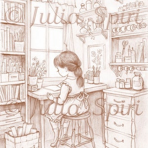 Grayscale Coloring Page, Whimsy Girl in Crafting Room. The Crafting Corner image 3