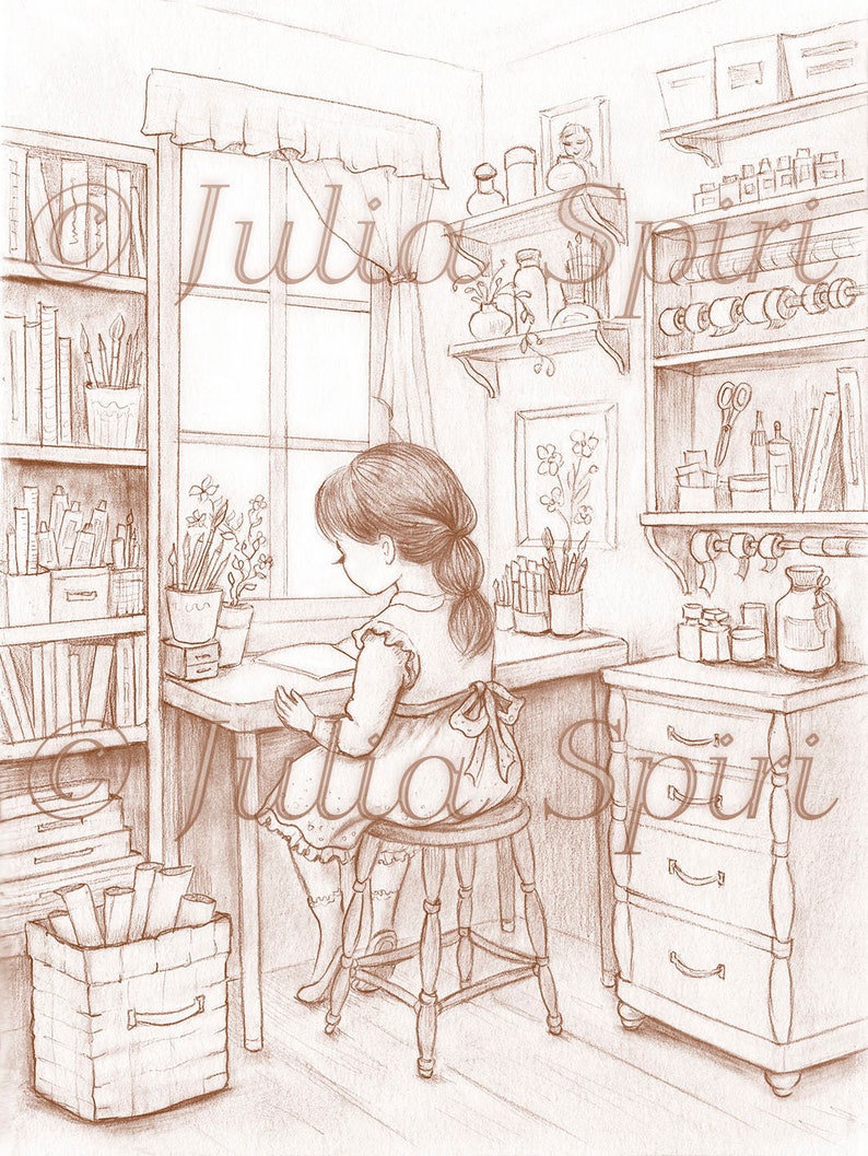 Grayscale Coloring Page, Whimsy Girl in Crafting Room. The Crafting Corner image 3