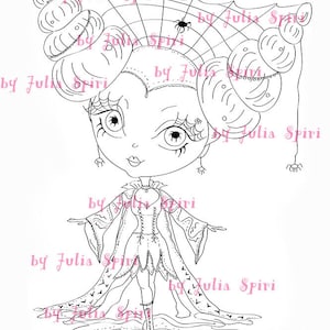 May include: A black and white line art illustration of a girl wearing a spiderweb dress and a crown of pumpkins. The girl has large eyes and a sweet expression. The image is titled "by Julia Spiri".