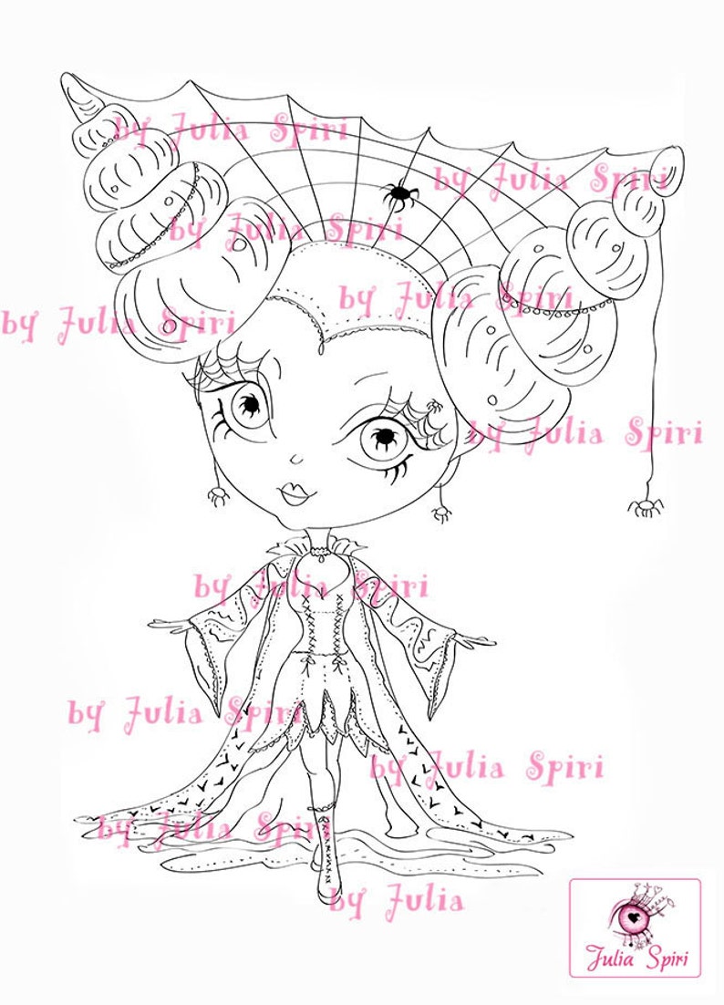 May include: A black and white line art illustration of a girl wearing a spiderweb dress and a crown of pumpkins. The girl has large eyes and a sweet expression. The image is titled "by Julia Spiri".