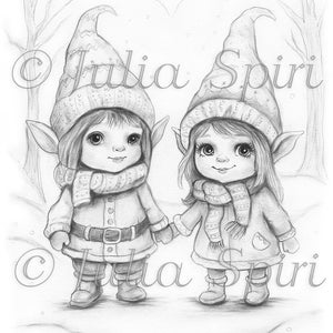 Grayscale Coloring Page, Winter Snow Fairytale. Little Gnomes in Winter