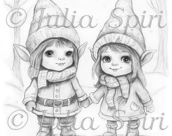 Grayscale Coloring Page, Winter Snow Fairytale. Little Gnomes in Winter