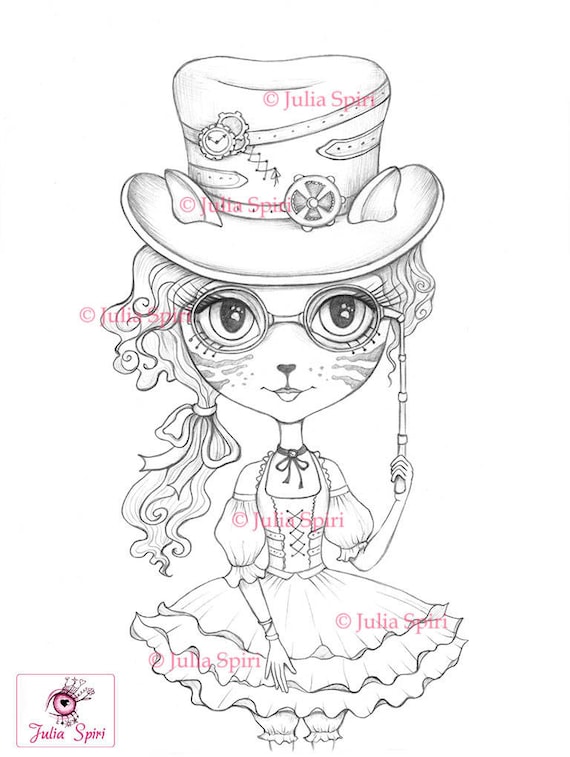 Download Coloring Pages Digital stamp Digi Cat Girl Steampunk | Etsy