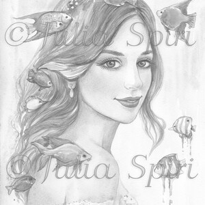 May include: A black and white pencil drawing of a woman with long hair. She is surrounded by small fish. The woman has a soft smile and her eyes are closed. The drawing is done in a realistic style.
