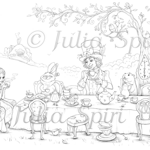 Coloring Page, Digital stamp, Digi, Alice in Wonderland, March Hare, the Hatter, Whimsy, Line art. A Mad Tea-Party