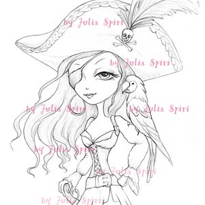 Sello digital de Piratas, sellos de Chica Pirata, Loro, Tesoro, Calavera, Página para colorear, Aventura. Colección Piratas. Charlotte Pirata.