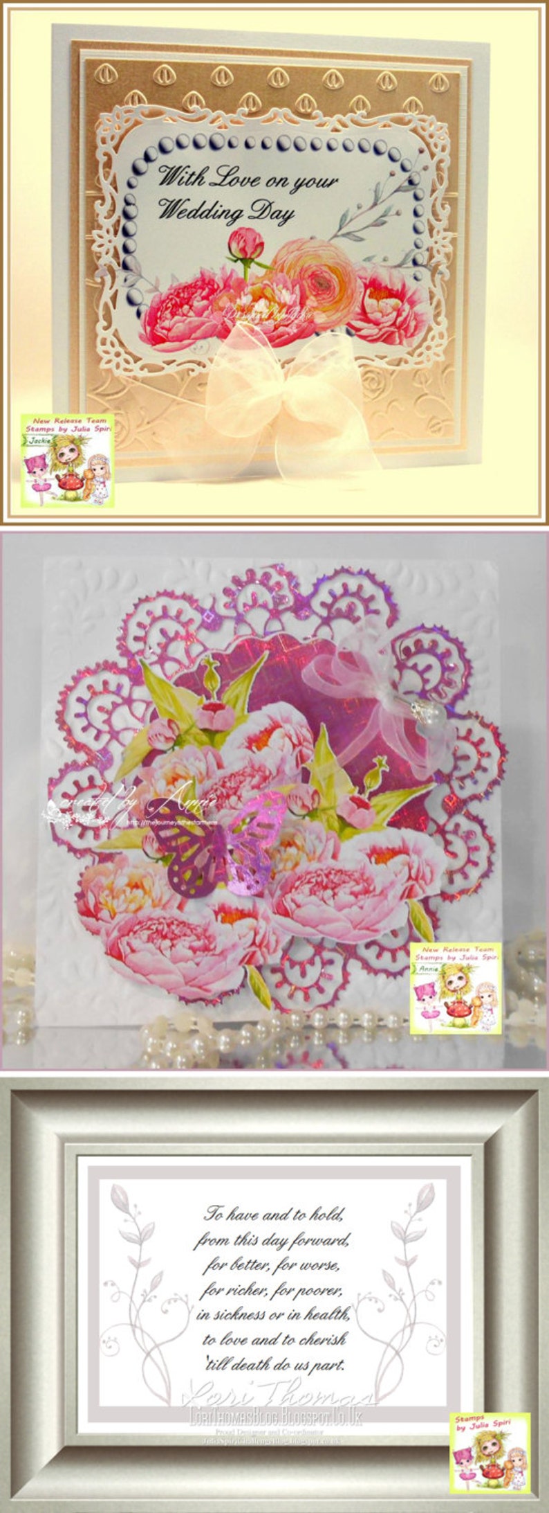 May include: A wedding card with a floral design and the text "With Love on your Wedding Day". The card is decorated with a white lace border and a white satin ribbon.