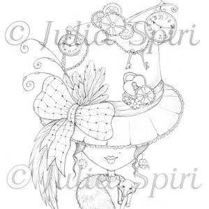 May include: A black and white pencil drawing of a whimsical character wearing a large hat with gears, keys, and a clock face. The character has a bow on their hat and is holding a fox.
