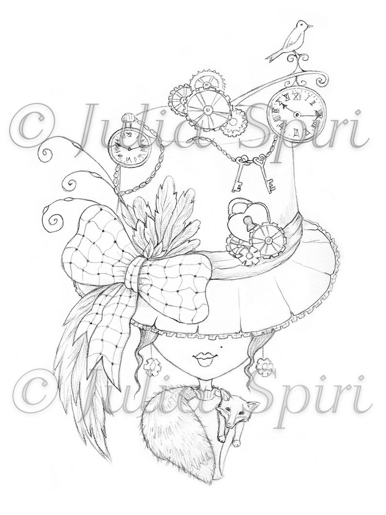 May include: A black and white pencil drawing of a whimsical character wearing a large hat with gears, keys, and a clock face. The character has a bow on their hat and is holding a fox.