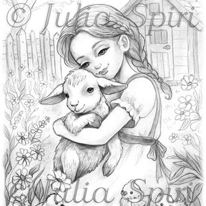 Può includere: Un disegno a matita in bianco e nero di una ragazza che tiene un agnello tra le braccia. La ragazza indossa un vestito e ha i capelli lunghi. L'agnello sta guardando la ragazza. Sullo sfondo ci sono dei fiori e un piccolo edificio.