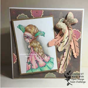 May include: A card with a hand-drawn illustration of a girl wearing a masquerade mask and a pink dress. The card is decorated with a butterfly and feathers. The text "coloured by Christine Ingram" is written on the card.