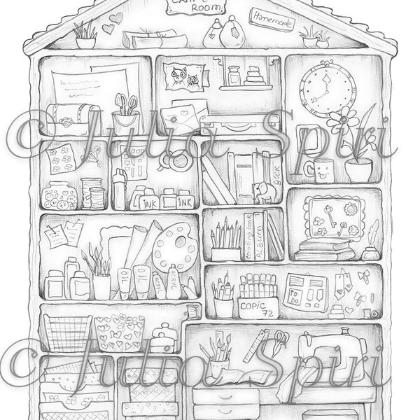 Coloring Pages, Digital stamp, Digi, Crafting, Whimsy Books, Pencils, Ink, House Home Wishi Markers Sewing machine Crafter cards. Craft Room