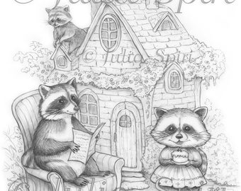 Grayscale Coloring Page, Fun Animals. Raccoon Family