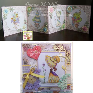 May include: A handmade card with a purple background and a scalloped edge. The card features a girl with a yellow dress and a large hat, holding a flower. The card also has a heart with the words "Just for you" on it.