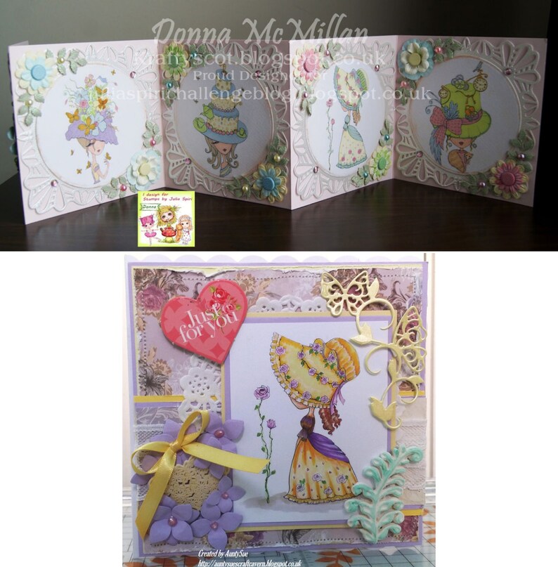 May include: A handmade card with a purple background and a scalloped edge. The card features a girl with a yellow dress and a large hat, holding a flower. The card also has a heart with the words "Just for you" on it.