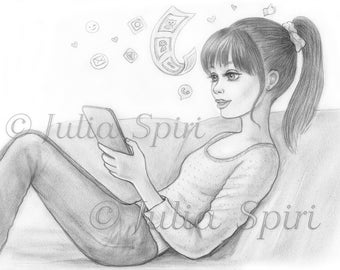 Grayscale Coloring Page, Girl looking on phone. Scrolling on Phone