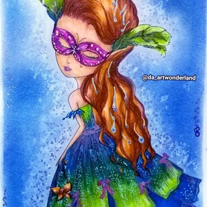 May include: A whimsical illustration of a woman with long brown hair wearing a purple masquerade mask and a blue and green dress with a butterfly design. The background is a blue watercolor wash with white glitter.