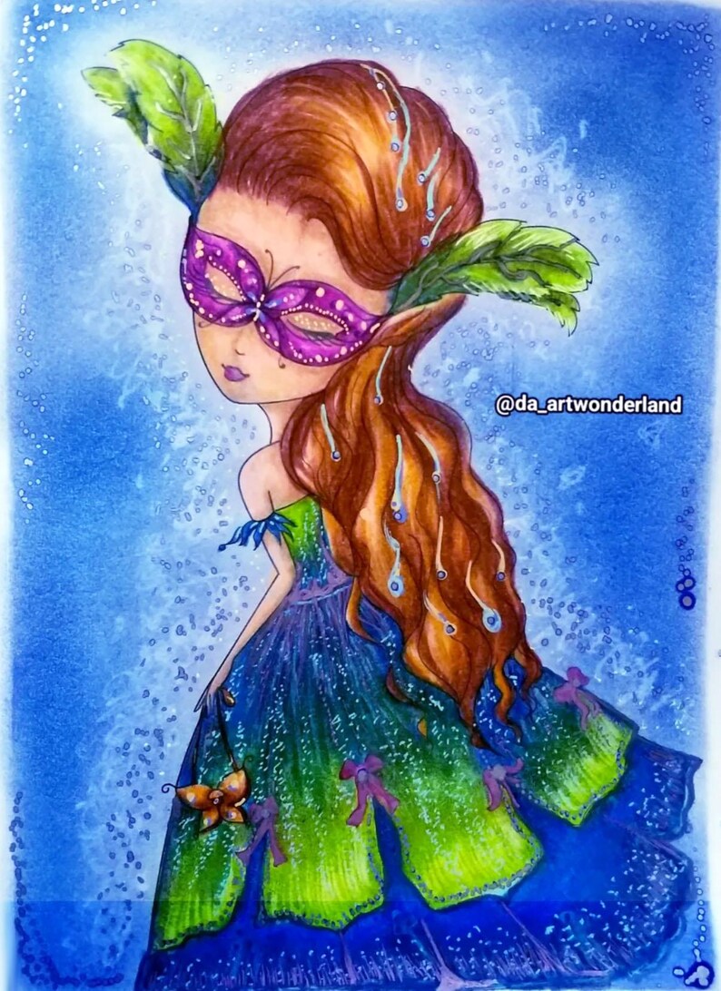 May include: A whimsical illustration of a woman with long brown hair wearing a purple masquerade mask and a blue and green dress with a butterfly design. The background is a blue watercolor wash with white glitter.