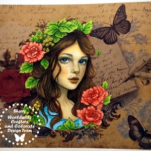 May include: A detailed illustration of a woman with long brown hair, adorned with a floral crown and red roses. Butterflies and handwritten script are in the background. The image includes the text "Sherry Worldwide Crafters and Colorists Design Team."