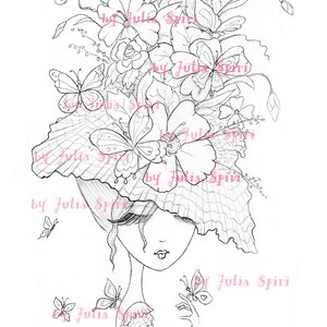 May include: A black and white line drawing of a woman with a large hat made of flowers and butterflies. The hat covers her eyes. The woman is wearing a dress with a lace trim. The drawing is signed "by Julia Spiri" in pink lettering.