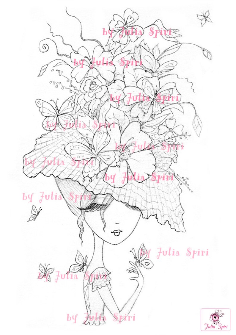 May include: A black and white line drawing of a woman with a large hat made of flowers and butterflies. The hat covers her eyes. The woman is wearing a dress with a lace trim. The drawing is signed "by Julia Spiri" in pink lettering.