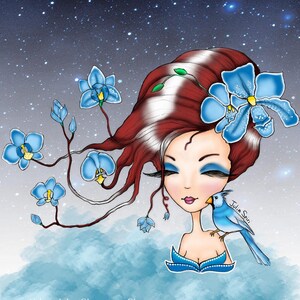 May include: A digital illustration of a woman with long red hair adorned with blue flowers. She has blue eyes and is wearing a blue dress. A blue bird is perched on her shoulder. The background is a starry night sky.