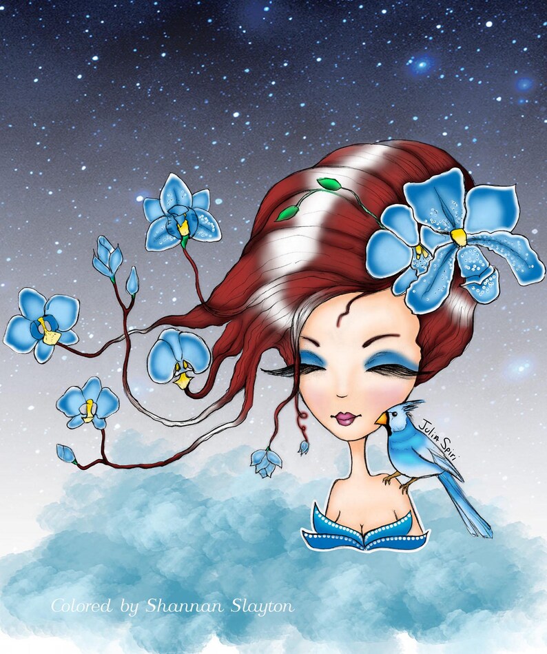 May include: A digital illustration of a woman with long red hair adorned with blue flowers. She has blue eyes and is wearing a blue dress. A blue bird is perched on her shoulder. The background is a starry night sky.