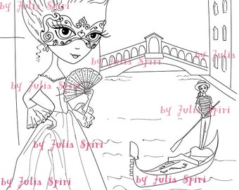 Digital Stamps, Digi stamp, Coloring pages, Girl stamp, Venice stamp, Mask stamp, Love, Romantic, Fantasy. The Venice Collection. Venice