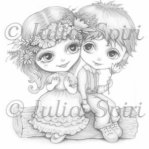 Liefdeskleurplaten, digitale stempel, Digi, jongen en meisje, kinderen, kinderen, vriend, vriendin, knutselen, knutselen, scrapbooking. Be my Valentine