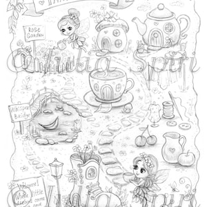 Puede incluir: Un dibujo a lápiz en blanco y negro titulado Fairy Village que presenta un hada con alas, una casa seta, una casa tetera, una casa taza, un estanque con Whisper Bridge, una casa bota, un caracol y el texto Welcome! Where little dreams come true and magic is huge!