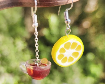 Handmade Polymer Clay Citrus Earrings. Cup of Tea with Lemon