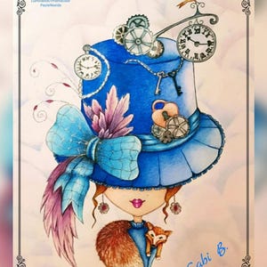 May include: A whimsical illustration of a woman wearing a blue hat with a clock, gears, and a key. The hat is adorned with a large blue bow and a purple feather. The woman is holding a small fox in her arms. The illustration is signed "Gabi B."