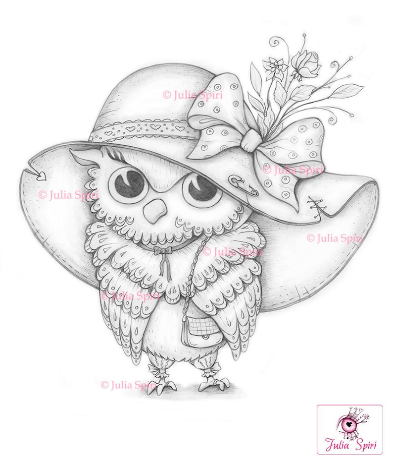 Owl Coloring Page, Digital stamp, Digi, Fashion, Hat, Bird, Bag, Bow, Crafting, Fantasy, Whimsy, Craft. Owl Fashionista image 1