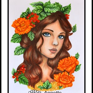 May include: A hand-drawn portrait of a woman with long brown hair and blue eyes, adorned with orange flowers, green leaves, and red berries. The artwork is signed "Created by Annette" and "Annette Stapylton".