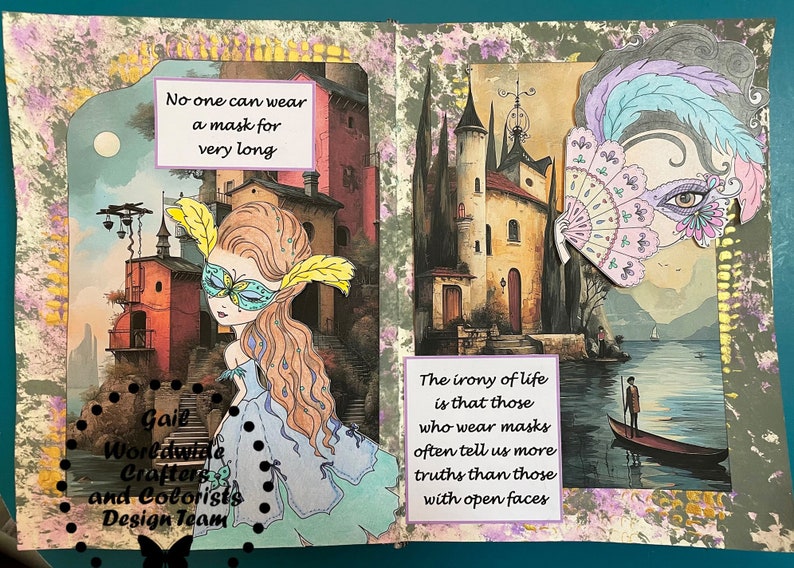 May include: A mixed media art piece with a quote about masks and the irony of life. The artwork features a woman with a butterfly mask, a cityscape, and a gondola on a lake. The quote reads: "The irony of life is that those who wear masks often tell us more truths than those with open faces."