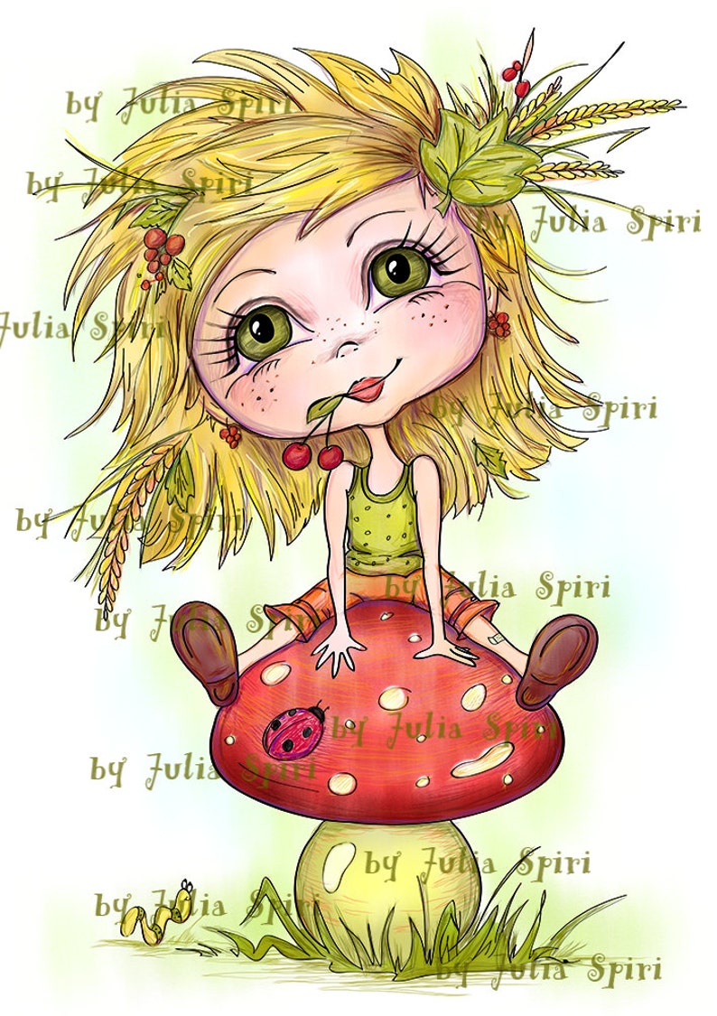May include: A cartoon illustration of a girl with blonde hair sitting on a red mushroom with white spots. She is wearing a green tank top and orange pants. She is holding a cherry in her mouth and has a ladybug on the mushroom.