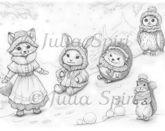 Grayscale Coloring Page, Fairytale Animals: Fox, Bunny, Hedgehog, Owl, Squirrel. Furry Friends on Frosty Hills