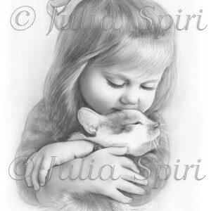 Pagina da colorare, timbro digitale, Digi, bambina carina, ritratto realistico, gatto, scala di grigi. Tenerezza