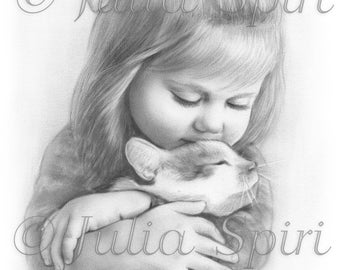 Coloring Page, Digital stamp, Digi, Little Cute Girl, Realistic Portrait, Cat, Grayscale. Tenderness