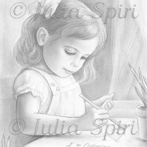 Coloring Page, Digital stamp, Beautiful Digi, Cute Girl, Realistic Portrait, Colored pencils, Drawing, Grayscale. I love Coloring image 2