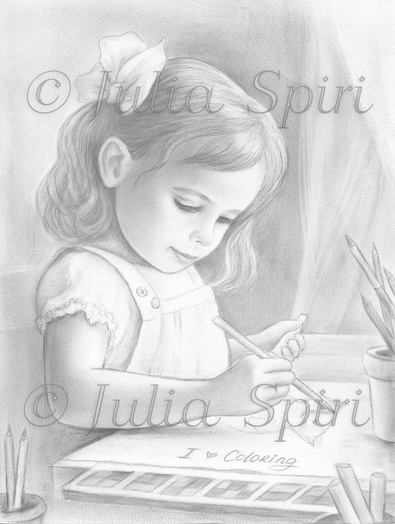 Coloring Page, Digital stamp, Beautiful Digi, Cute Girl, Realistic Portrait, Colored pencils, Drawing, Grayscale. I love Coloring image 2