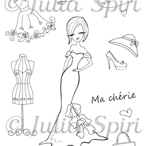 Coloring page + bonus elements for cut. Parisian Girl with Elegant Dress and Accessories. Fashion in Paris