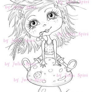 May include: A black and white line drawing of a girl with long hair sitting on a mushroom. She is wearing a tank top and shorts. The mushroom has a ladybug on it. The girl is holding a cherry in her mouth.