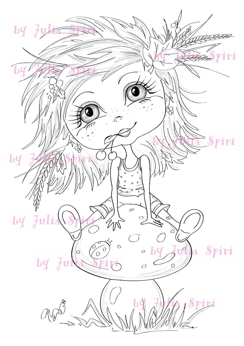May include: A black and white line drawing of a girl with long hair sitting on a mushroom. She is wearing a tank top and shorts. The mushroom has a ladybug on it. The girl is holding a cherry in her mouth.
