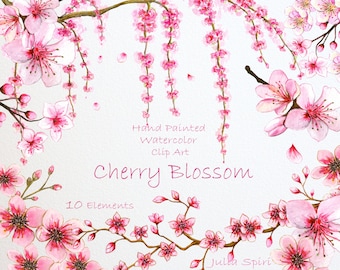 Watercolor Flowers Clipart, Cherry Blossom Hand Painted, Watercolor Flowers, Spring, Sakura,  Invitation, Diy, Scrapbooking. Sherry Blossom