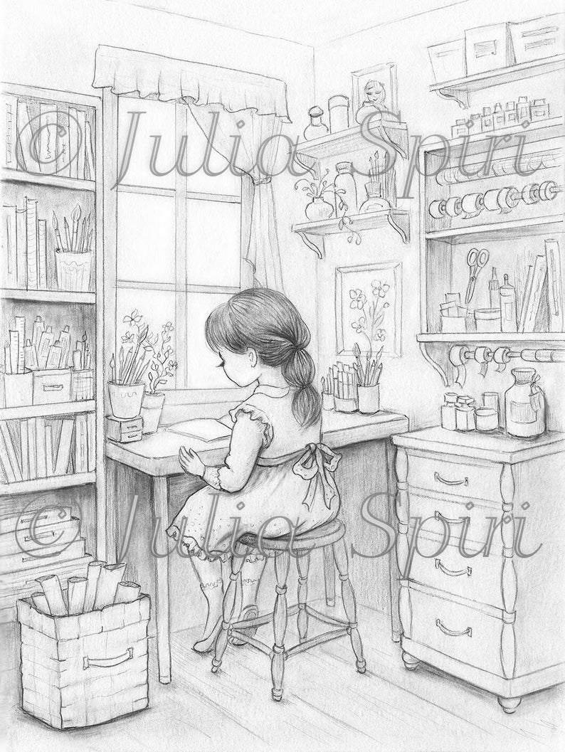 Grayscale Coloring Page, Whimsy Girl in Crafting Room. The Crafting Corner image 1
