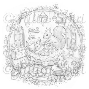 May include: A detailed pencil drawing of a cozy woodland nursery scene. A mother squirrel tends to her babies in a nest, surrounded by toys, a dresser, and a small ladder. The scene is framed by flowers and foliage.