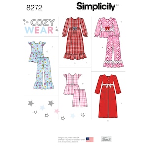 May include: A sewing pattern for children's pajamas and a robe. The pattern includes five different styles: a long-sleeved nightgown with a plaid pattern, a short-sleeved nightgown with a floral pattern, a pair of pajamas with a heart pattern, a pair of pajamas with a plaid pattern, and a long-sleeved robe with a solid red color. The pattern is called "Cozy Wear" and is Simplicity pattern number 8272.