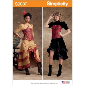 May include: Simplicity sewing pattern S9007 for a steampunk-inspired skirt and top. The pattern includes two views: a brown and red skirt with a ruffled hem and a black skirt with a ruffled hem. The pattern is for sizes 12-20.