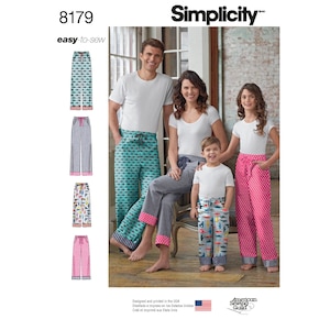 May include: Simplicity sewing pattern number 8179, easy-to-sew, for making pajama pants. The pattern includes four different styles of pants, with various colors and patterns, including a blue and white print, a pink and white polka dot print, and a black and white plaid print. The pattern is designed and printed in the USA.